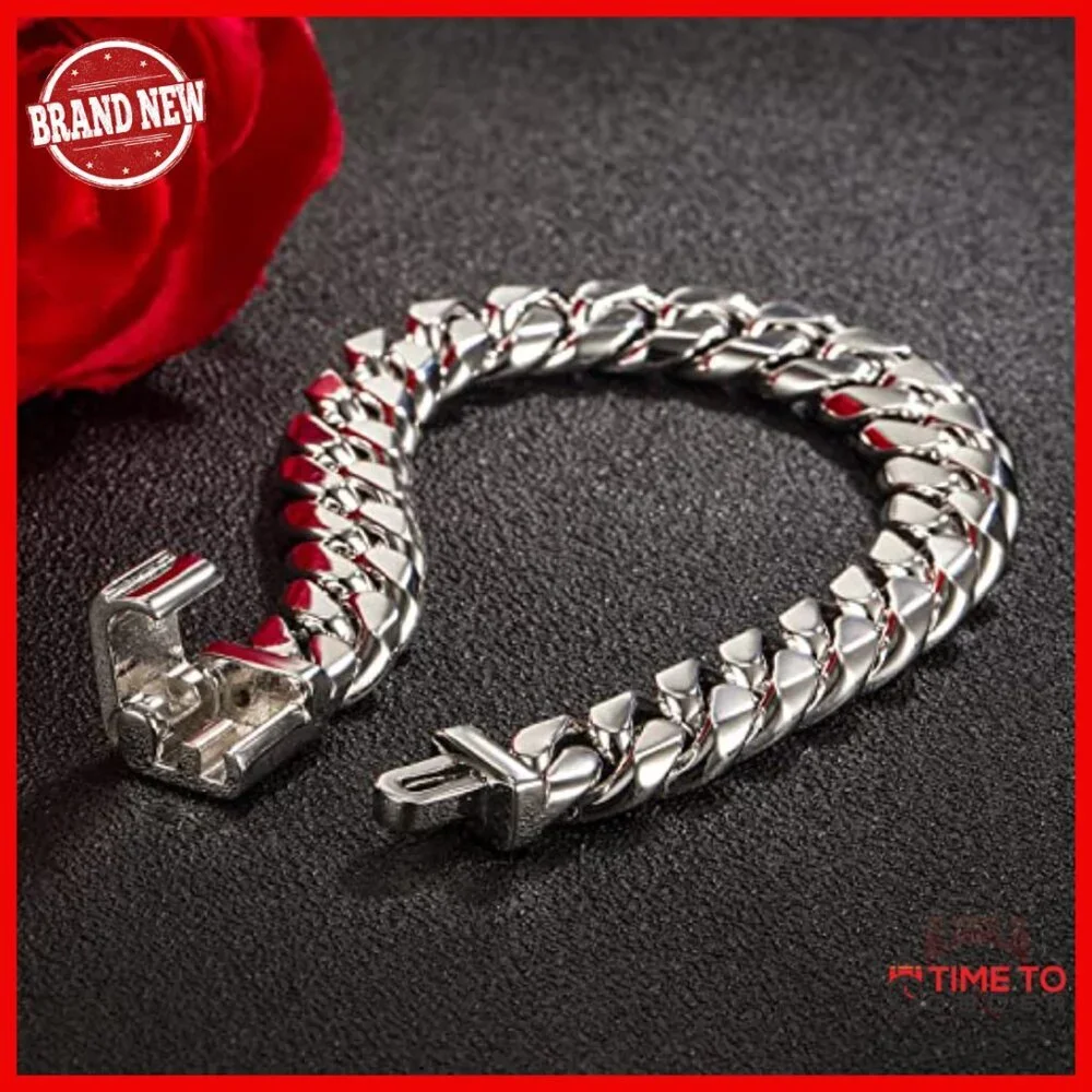 Men's 925 Sterling Silver Cuban Link Bracelet 12MM 9